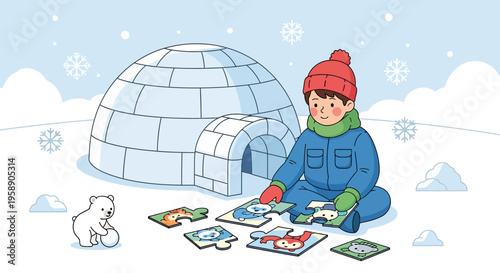 Child Enjoys Winter Activity Assembling Puzzles Near Igloo With Polar Bear Friend