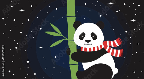 Charming Panda Hugs Bamboo Under A Starry Sky