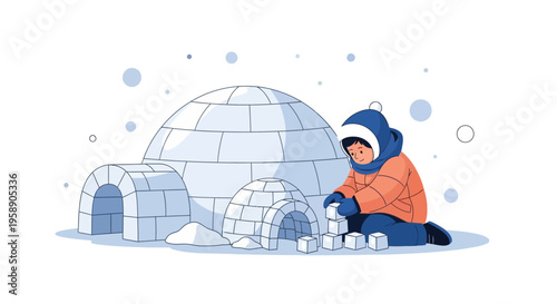 Child Building Igloo Structures in Snowy Arctic Landscape