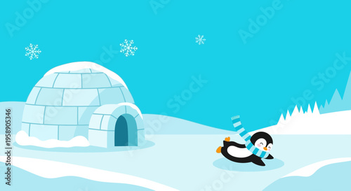 Charming Penguin Sliding Near Igloo in Snowy Landscape