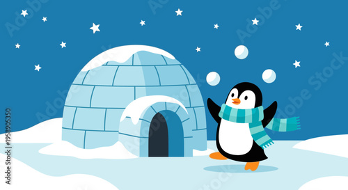 Charming Penguin Juggling Snowballs Near Snowy Igloo