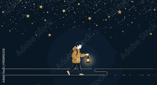 Child Explorer Navigates Starry Night Sky With Illuminated Lantern