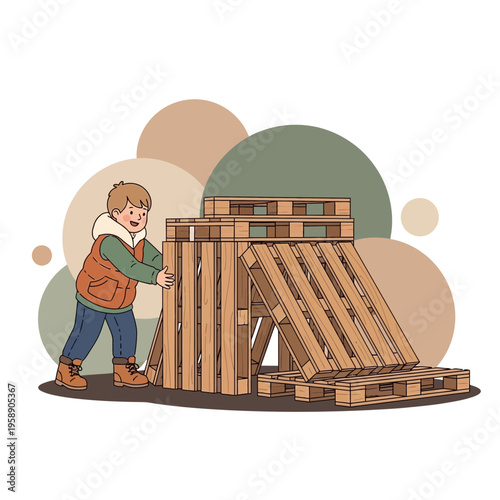 Child Builds Fort From Wooden Pallets Creative Outdoor Play Adventure