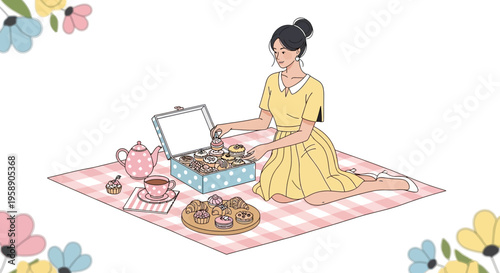 Charming Picnic Scene With Woman And Delicate Pastries
