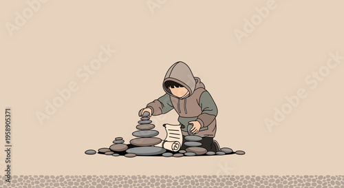 Child Building Stone Towers Peaceful Activity And Reflection Minimalist Style