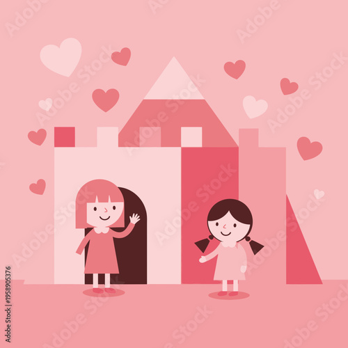 Charming Pink Castle Scene With Two Adorable Girls and Hearts