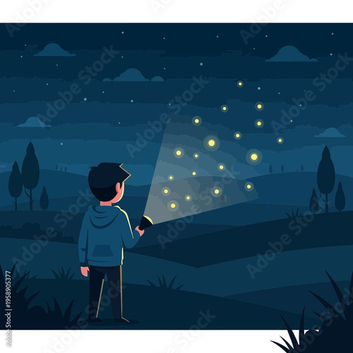 Child Exploring Nature With Flashlight Discovering Glowing Fireflies Under Starry Night Sky
