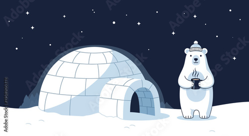 Charming Polar Bear Enjoys Hot Beverage Beside Igloo Under Starry Night Sky
