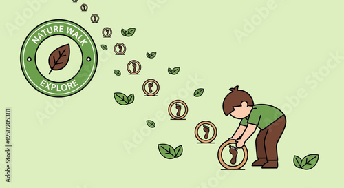 Child Exploring Nature With Footprint Trail And Leaf Emblem