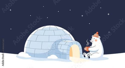 Charming Polar Bear Enjoys Hot Beverage Beside Igloo Under Starry Night