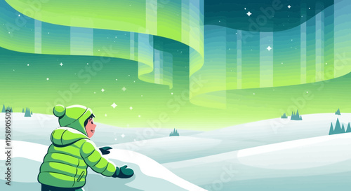 Child Gazing At Majestic Aurora Borealis Over Snow-Covered Landscape