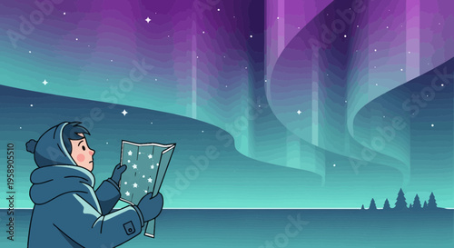 Child Gazing At Majestic Northern Lights With A Map
