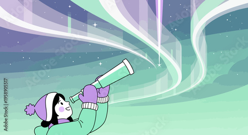 Child Gazing At Northern Lights Through Telescope