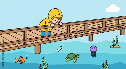 Child Gazing At Marine Life From A Wooden Pier