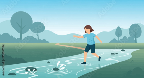 Child Playing By A Serene Stream During A Sunny Day