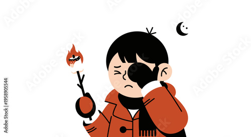 Child Crying While Roasting Marshmallow Over Campfire At Night Under Moon