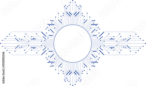 Blue circular circuit board, horizontal, in a futuristic style. For technology and engineering projects. Symmetrical node patterns. Science fiction designs and electronics concepts.