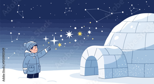 Child Gazing At Stars Next To An Igloo Under A Constellation Filled Sky