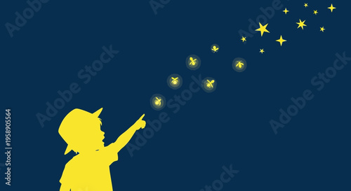 Child Pointing At Fireflies And Stars In Night Sky Minimalist Vector Art