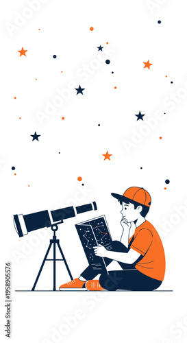 Child Gazing At Stars With Telescope And Constellation Map Exploring Cosmos