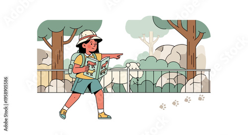 Child Discovering Animals At The Zoo With A Guidebook