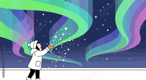 Child Gazing At Vibrant Aurora Borealis In Starry Night Sky