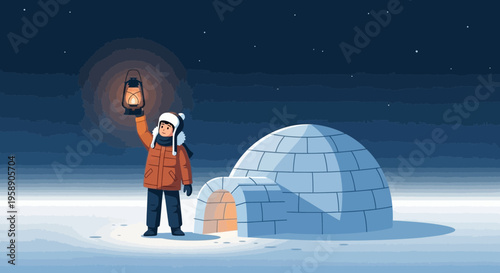 Child Holding Lantern Beside Igloo Under Starry Night Sky