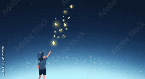 Child Reaching For Enchanting Fireflies In The Night Sky