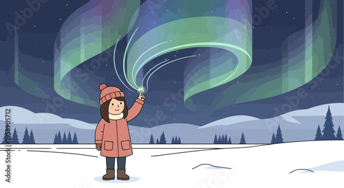 Child Reaching For Magical Aurora Borealis Sky Display