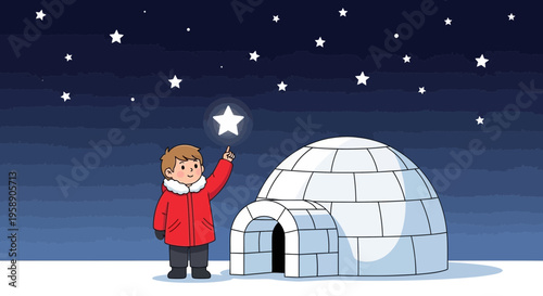 Child Reaching For A Star Next To An Igloo Under The Night Sky