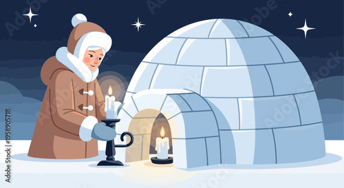 Child Holding Candle Near Igloo Under Starry Night Sky