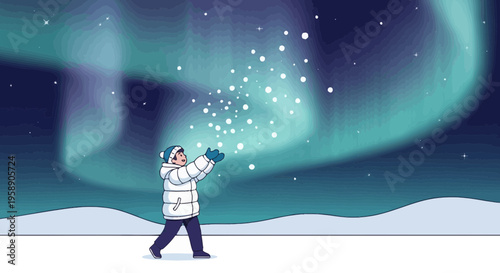 Child Reaching For Snowflakes Under Aurora Borealis Sky