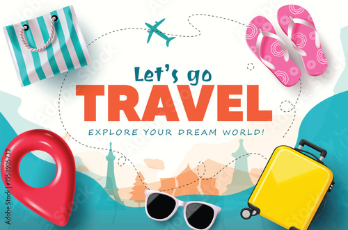 Travel Banner with Suitcase Map Pin and Summer Beach Accessories Vector Illustration