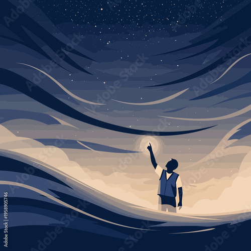 Child Reaching For Starry Sky Above Surreal Cloudy Landscape