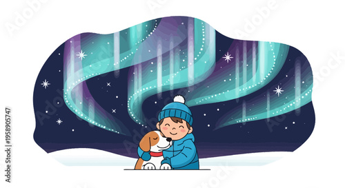 Child Hugging Dog Under Aurora Borealis Sky