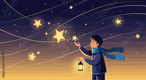 Child Reaching For Twinkling Stars Holding a Lantern In The Night Sky