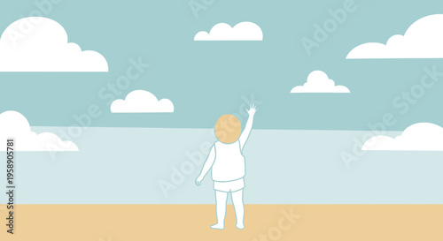Child Reaching Upwards Towards Clouds On A Sunny Day