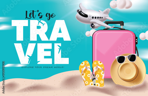 Pink Suitcase and Airplane on Beach Sand with Travel Typography Vector Illustration