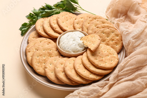 Plate with tasty crackers, ...