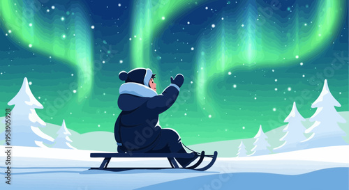 Child Sledding Under Vibrant Aurora Borealis Sky