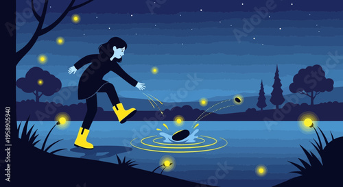 Child Skipping Stones By Moonlit Lake With Fireflies Dancing