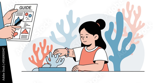 Child Learns About Marine Life Through Interactive Guide And Coral Study