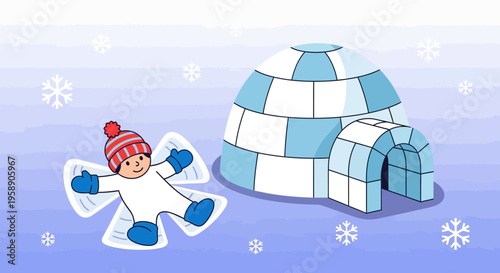 Child Makes Snow Angel Next To An Igloo On A Winter Day