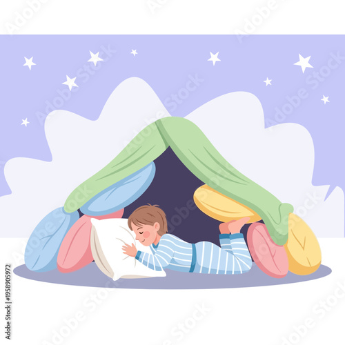 Child Sleeping Peacefully Inside A Cozy Blanket Fort Under Starlit Sky