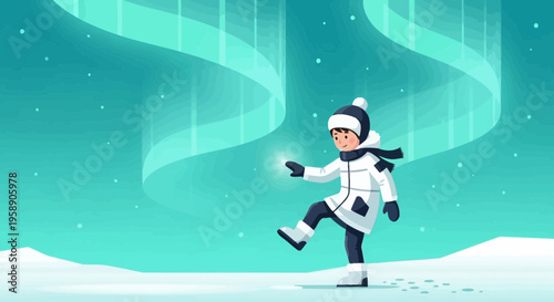 Child Marveling At The Aurora Borealis In Snowy Landscape