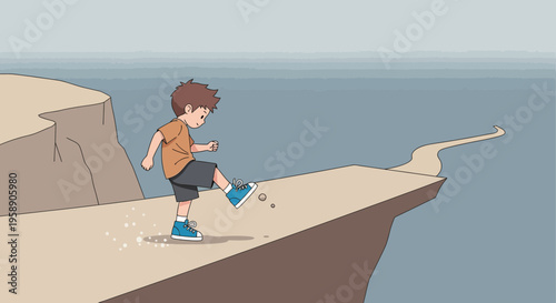 Child Steps Cautiously On Edge Of Cliff Path Above Water