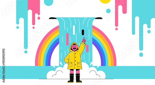 Child Under A Stylized Waterfall With A Rainbow And Abstract Elements