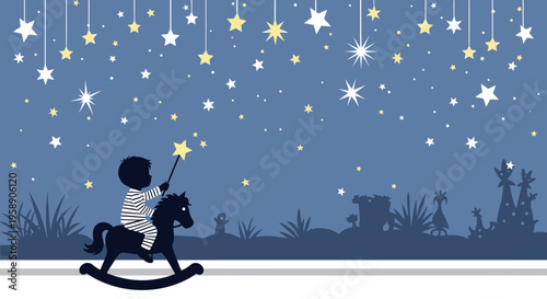 Childhood Dreams Celestial Magic Rocking Horse Adventure Under Starlit Sky