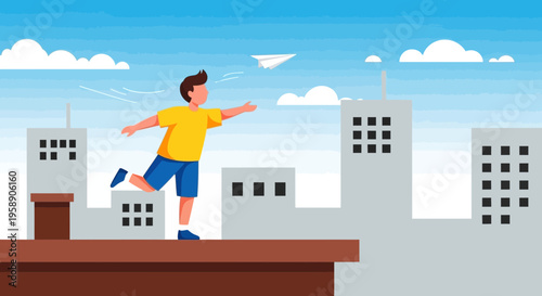 Childhood Imagination Soars Over Urban Landscape with Paper Airplane