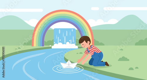 Childhood Joy Awaiting New Adventures With Paper Boat